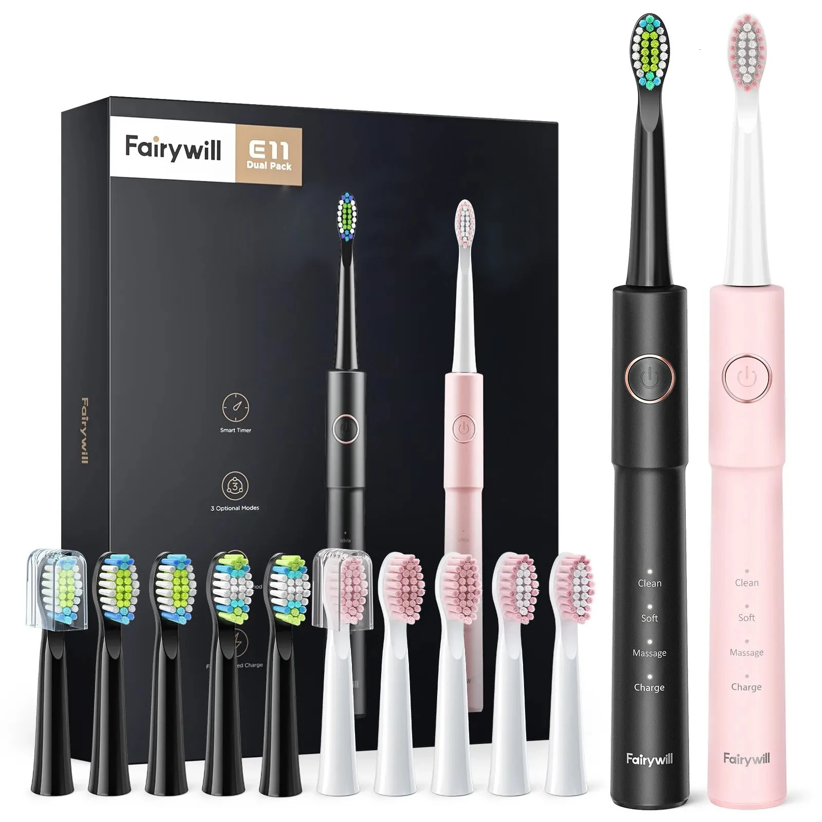 Fairywill Sonic Electric Toothbrush E11 Waterproof USB Charge With 8 Brush Replacement Heads Black and Pink Set for Couple 250527