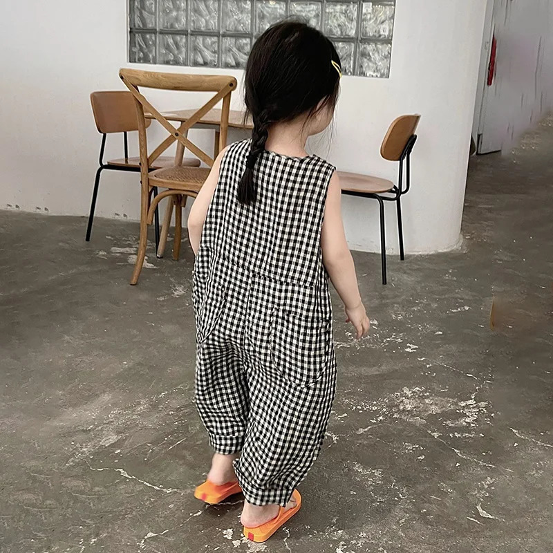 Summer 38T Girls Round Neck Black White Plaid Sleeveless Vest Jumpsuit Casual Loose Romper Wide Leg Pants 250527
