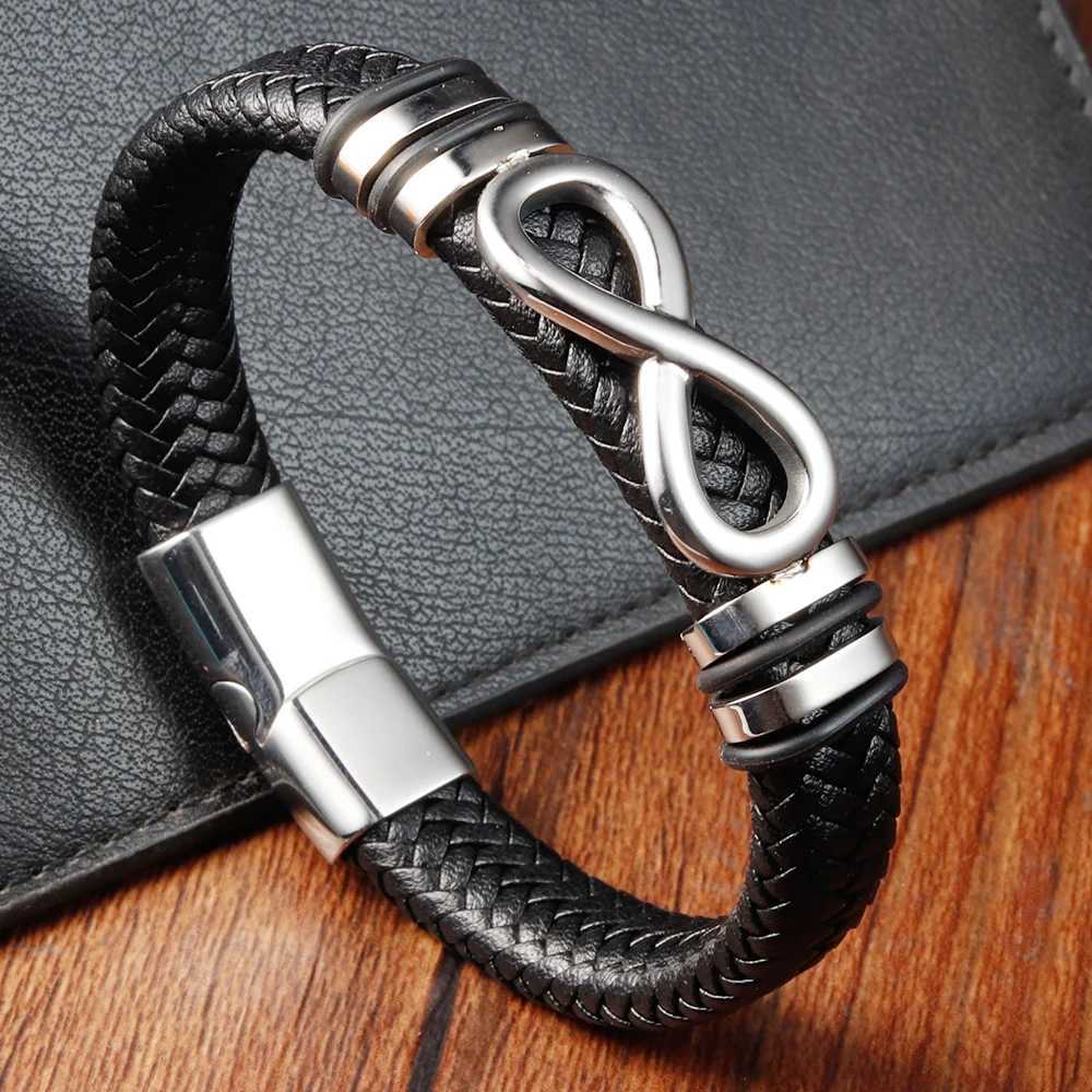 Classic Stainless Steel Leather Bracelet For Men Chain Wristband Business Charm Jewelry Accessories for Dad Boyfriend W250526