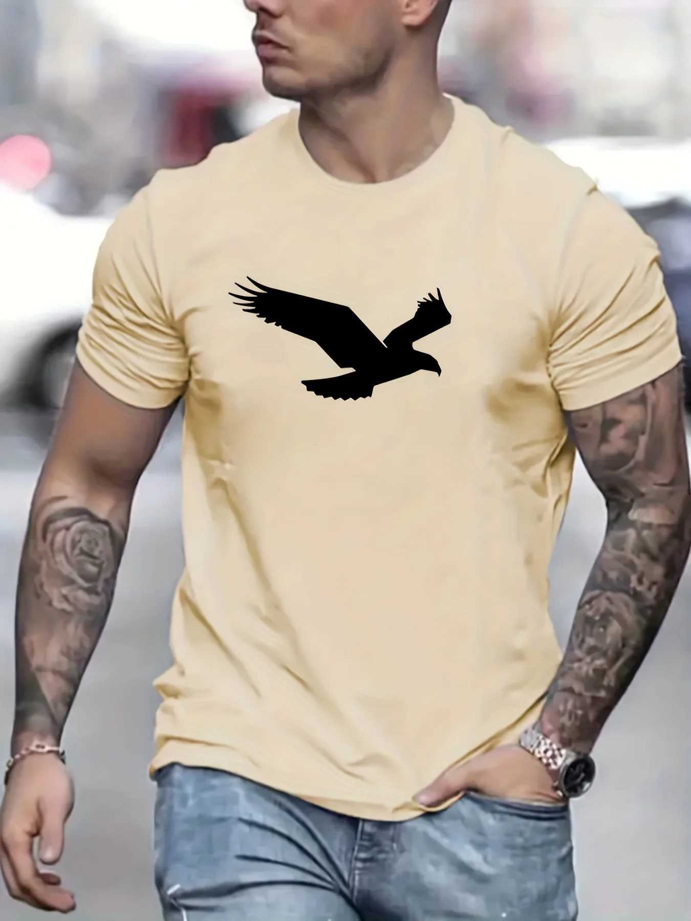 Mens Summer Loose Size 100% Cotton Eagle Pattern Printed Round Neck Short Sleeve Breathable Casual Fashion T-Shirt T-shirt Top Z250527