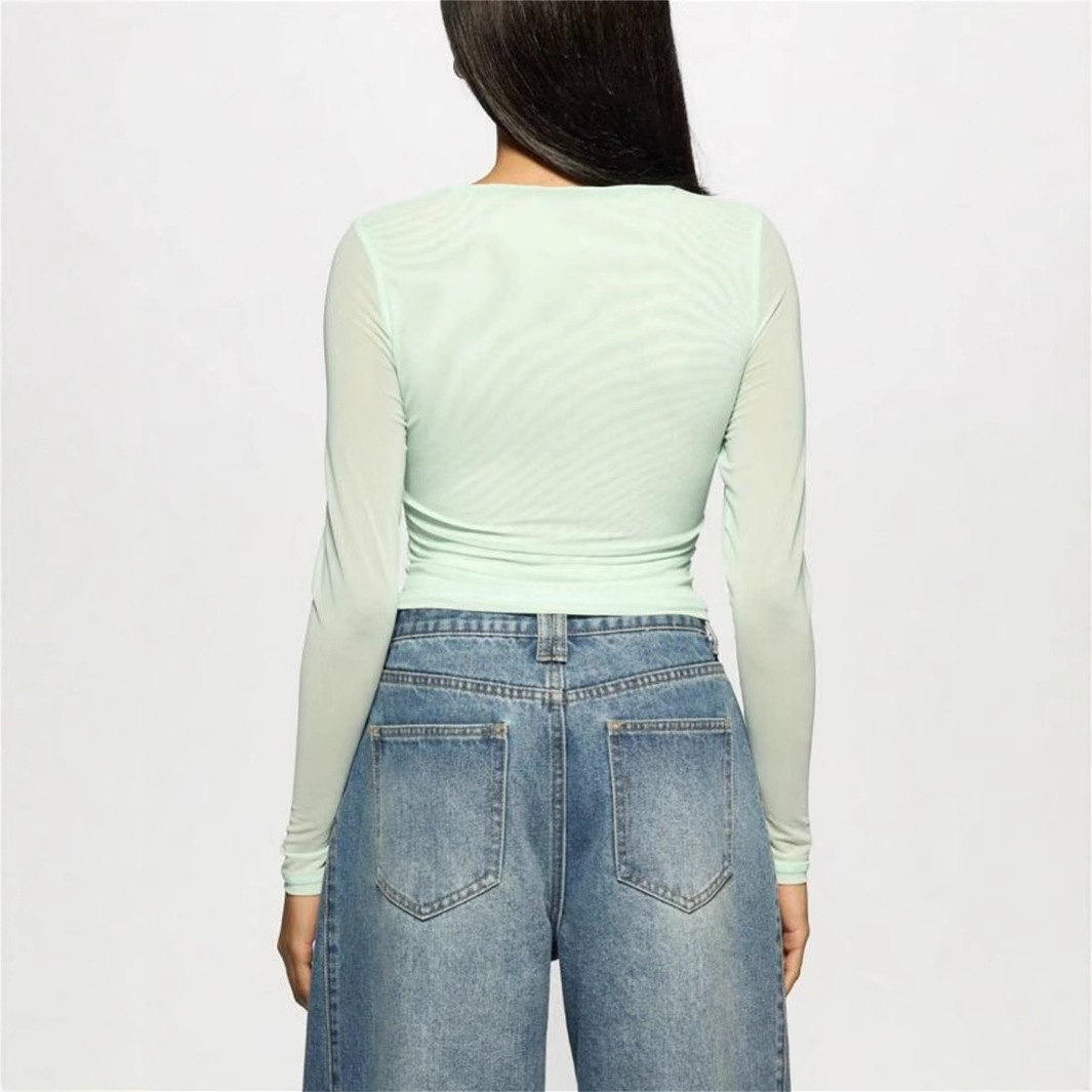 Summer new women's casual printed slim fit semi transparent hollow long sleeved T-shirt