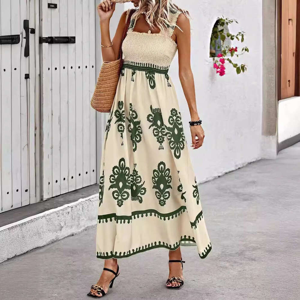 2025 New Women's Beach Vacation Style Printed Strapless Dress