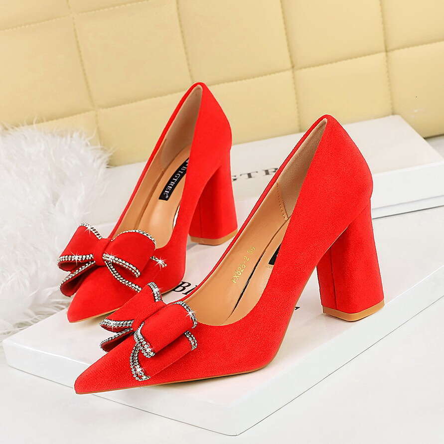 Fashion Spring and Autumn New High Heels Thick Heel Suede Shallow Mouth Pointed Bow Women's Shoes Women's Shoes, Bow High Heels