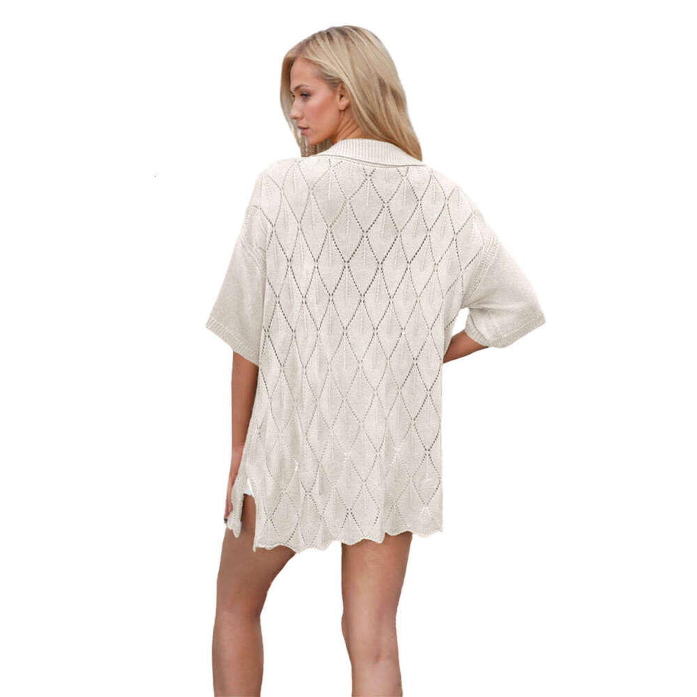 2025 Spring/Summer New Women's Fashion Turn-down Collar Loose Casual Cardigan Short Sleeve Knit Sweater