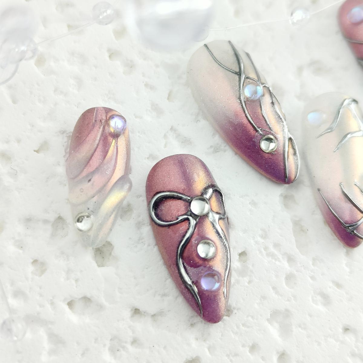 10pcs Y2K Handmade Press-on nails Medium Almond Nails 3D Metal wire Fake nails Bundle Sweet Love Diamond Finished nail stickers Free storage box jelly