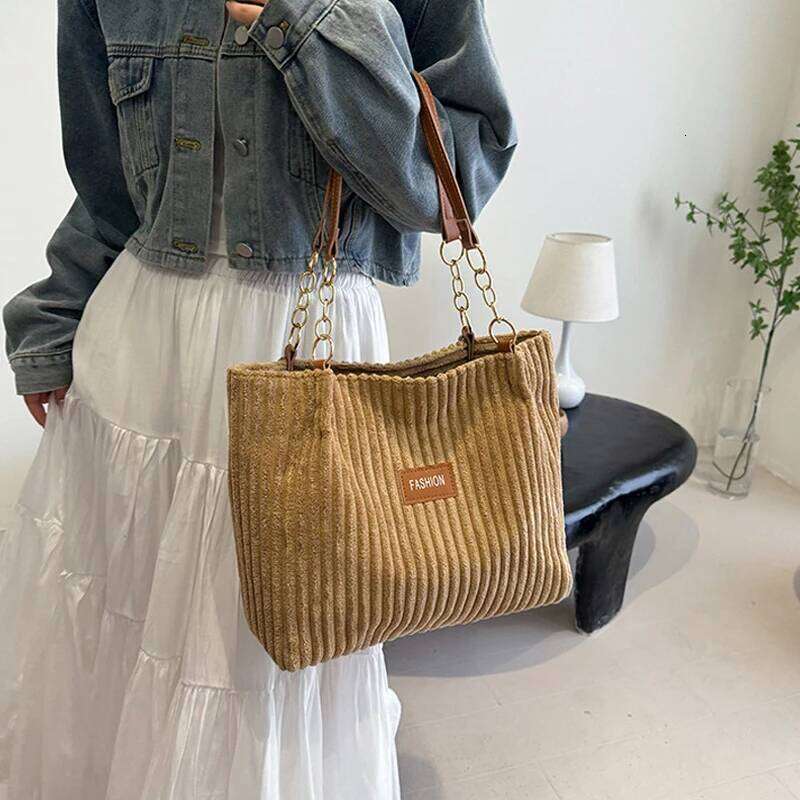 Fashion Corduroy Tote Solid Color Shoulder Bag, Women's Casual Handbag For Commute Work