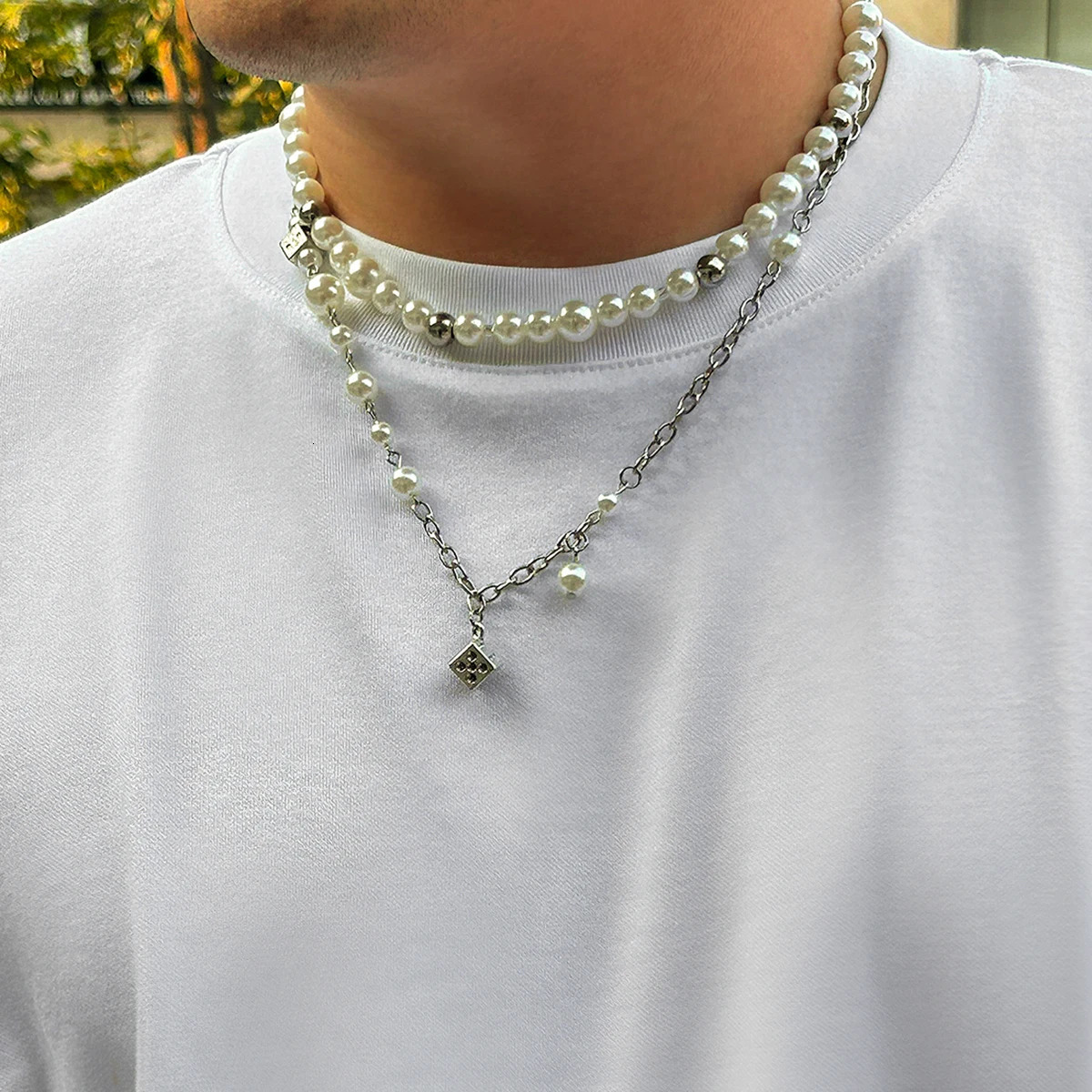 Salircon Steampunk Metal Dice Pendant Short Necklace Mens Gothic Pearl Chain Clavicle Necklace Aesthetic Neck Jewelry 250522