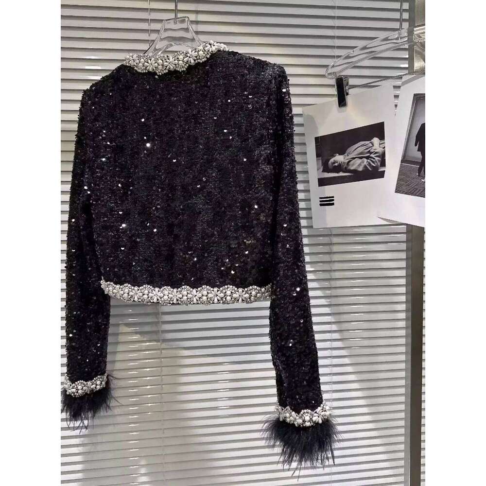 Female 2024 Autumn And Winter New Small Fragrant Socialite Jackets Ostrich Hair Cuffs Rhinestone Beaded Edge Short Coats