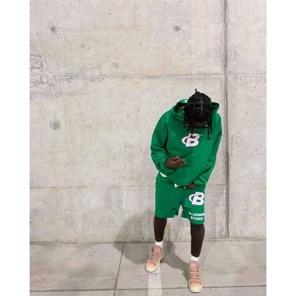 Green Pure Cotton Letter B Printed Fashionable Sportswear Loose Casual Men's Hooded Sweatshirt