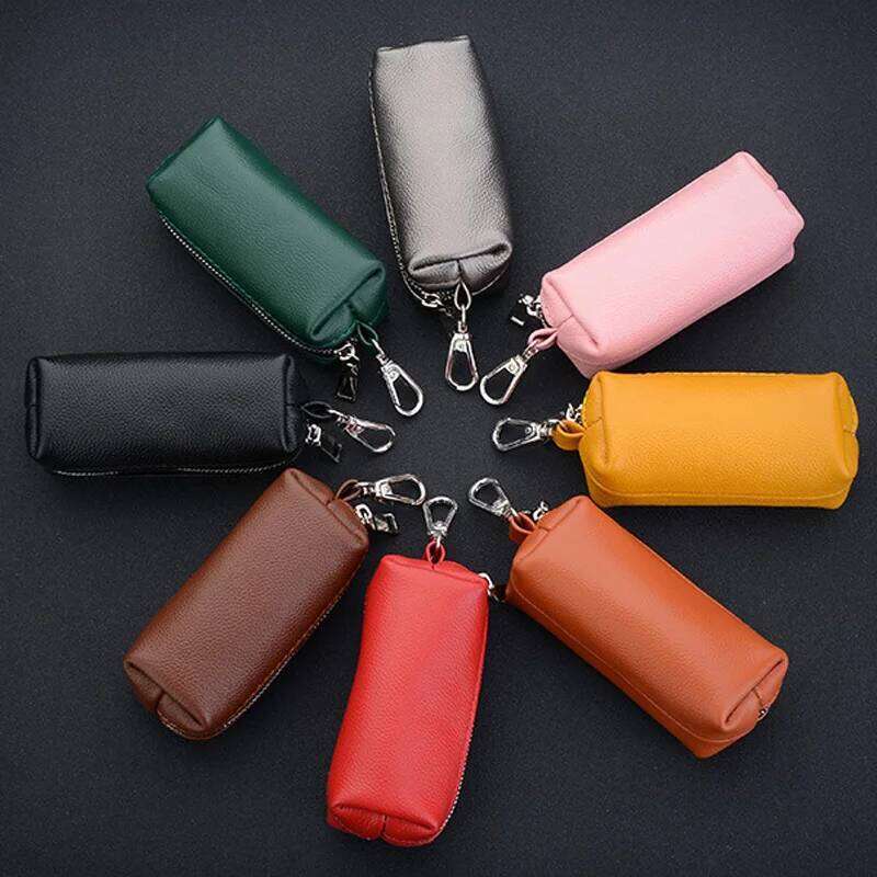 Genuine Holder - Unisex Car/House Key Organizer Pouch with Long Keychain, Cow Split Leather Wallet Case