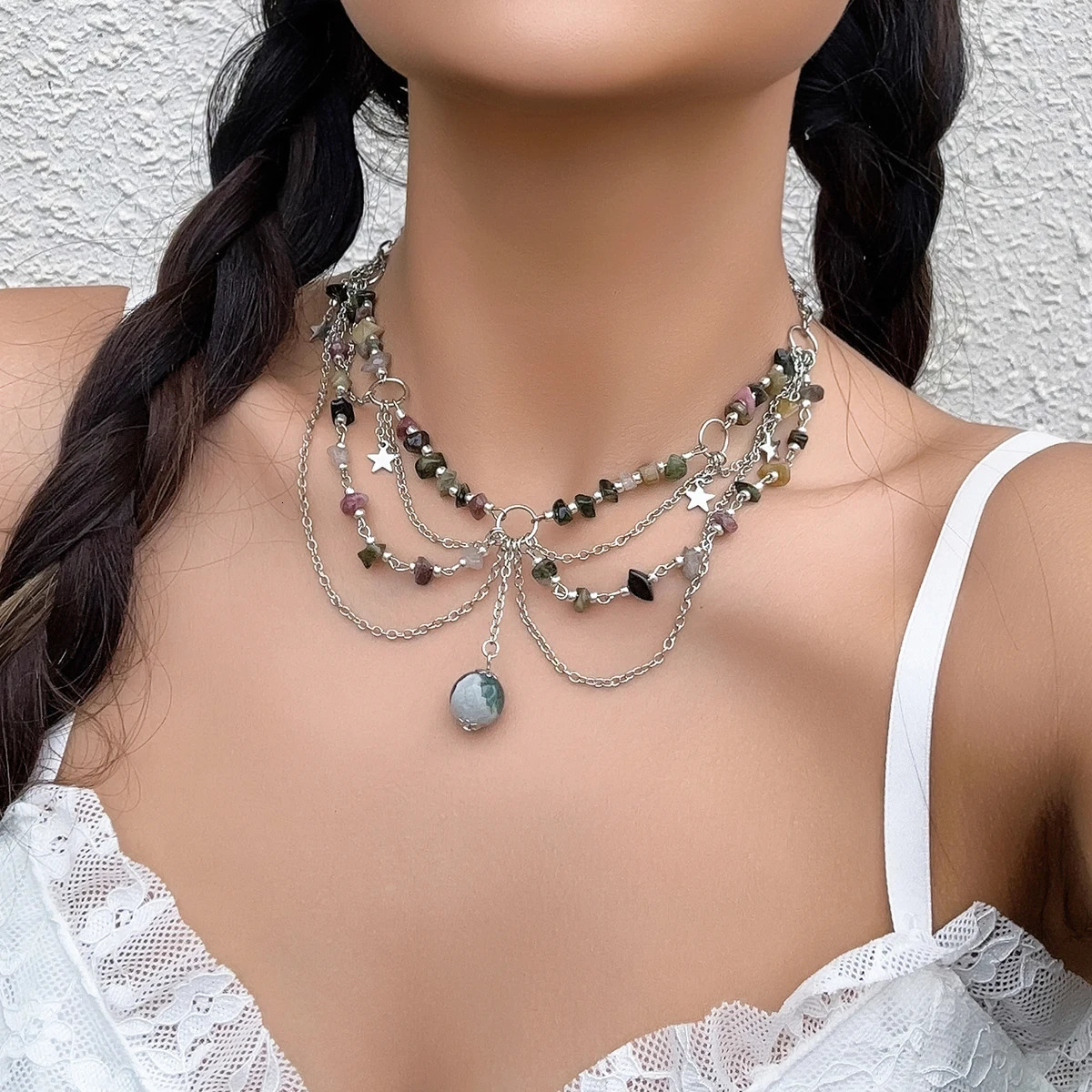 Lacteo Y2K Natural Stone Beads Pendant Necklace for Women Round Ball Tassel Choker Jewelry Collar Neck Chain Girls Party 250522