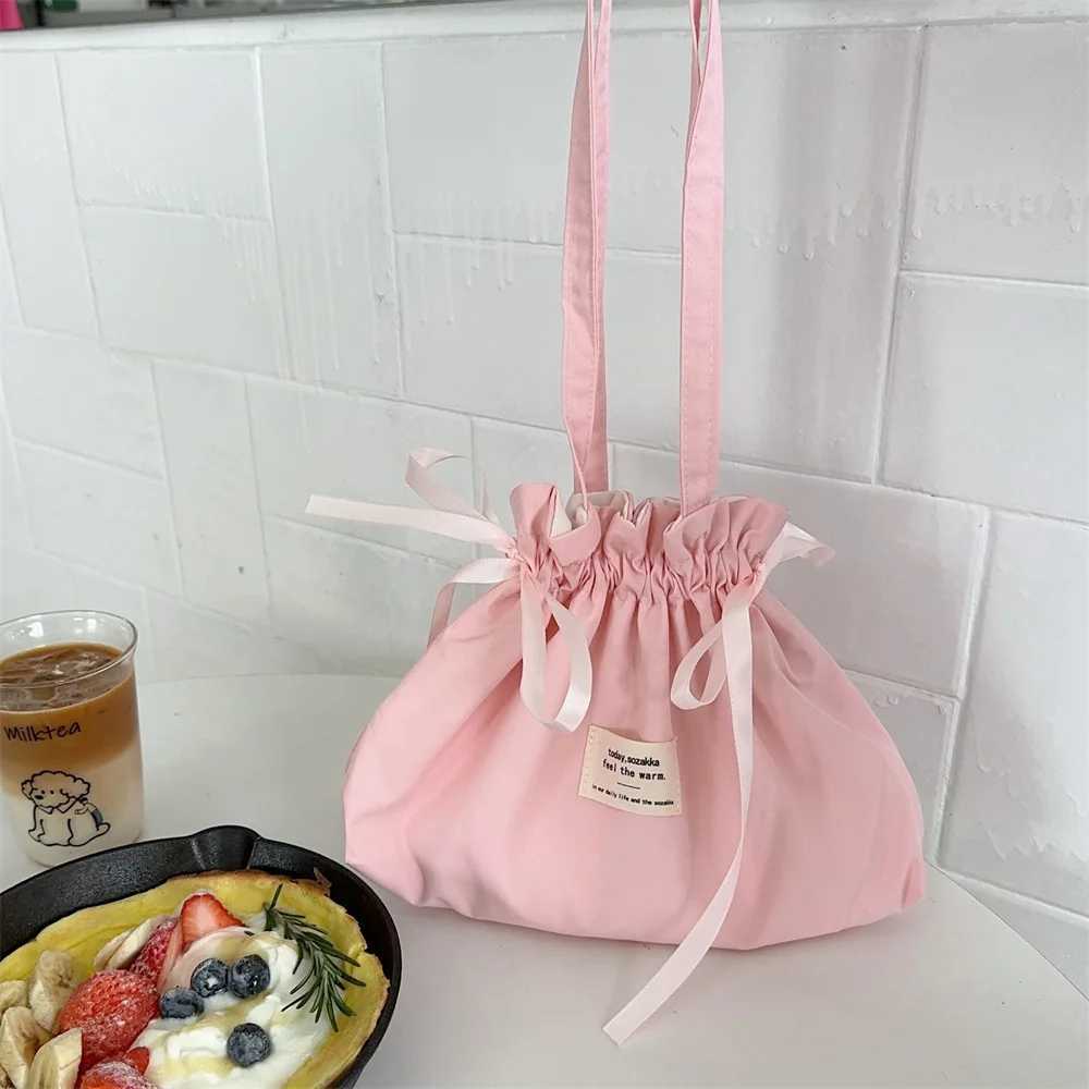 Solid Color Bow Ribbon Handbag Large Capacity Small Tote Bag Simple Shoulder Bag Handheld Bag Lightweight Drawstring Bag Casual W250527