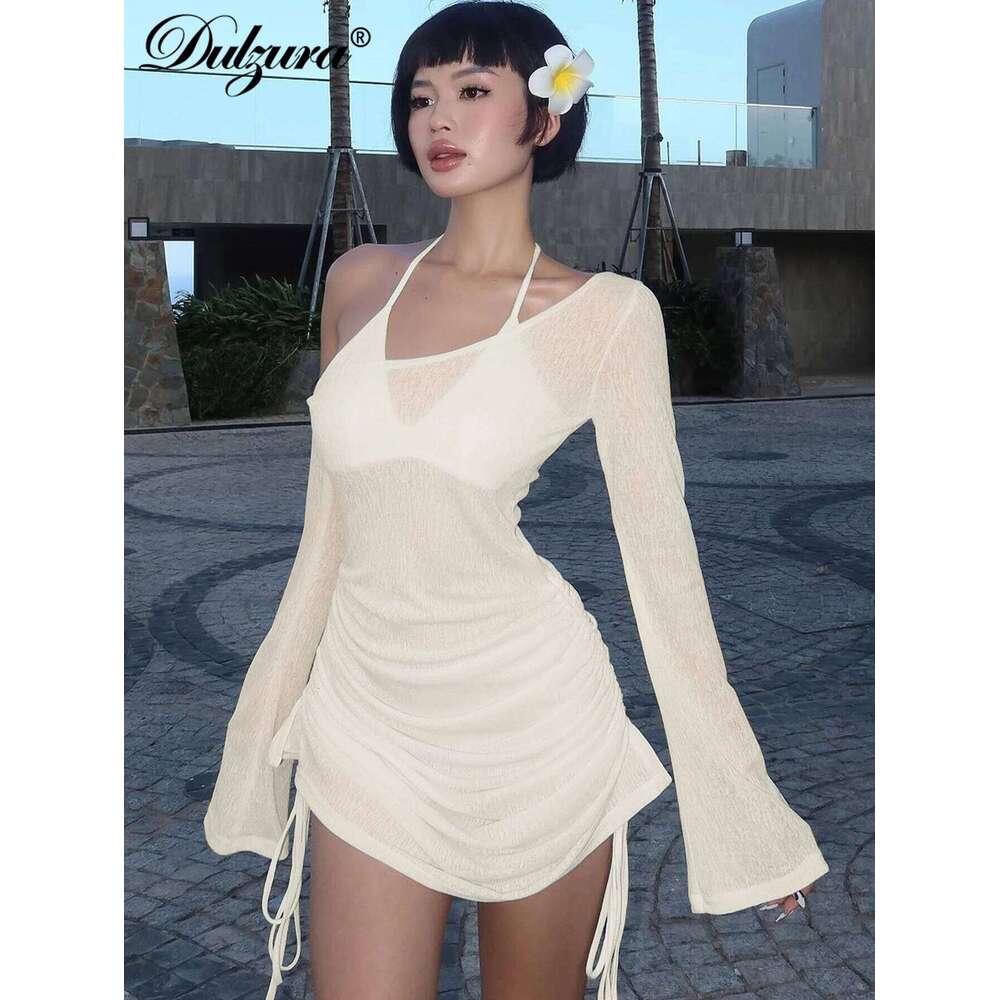 Hot Tight Dresses Dulzura Solid Skew Collar Ruched Straps Lace Up See Through Draw String Mini Dress Summer Women Party Clubwear Wholesale Casual Knee