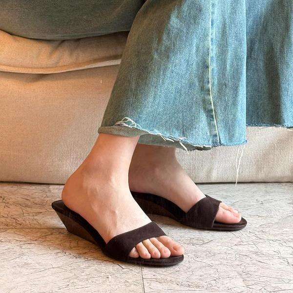 2025 Summer New Genuine Leather Simple One-Strap Women's Versatile Wedge Mid-Heel Open-Toe Fashionable Sandals