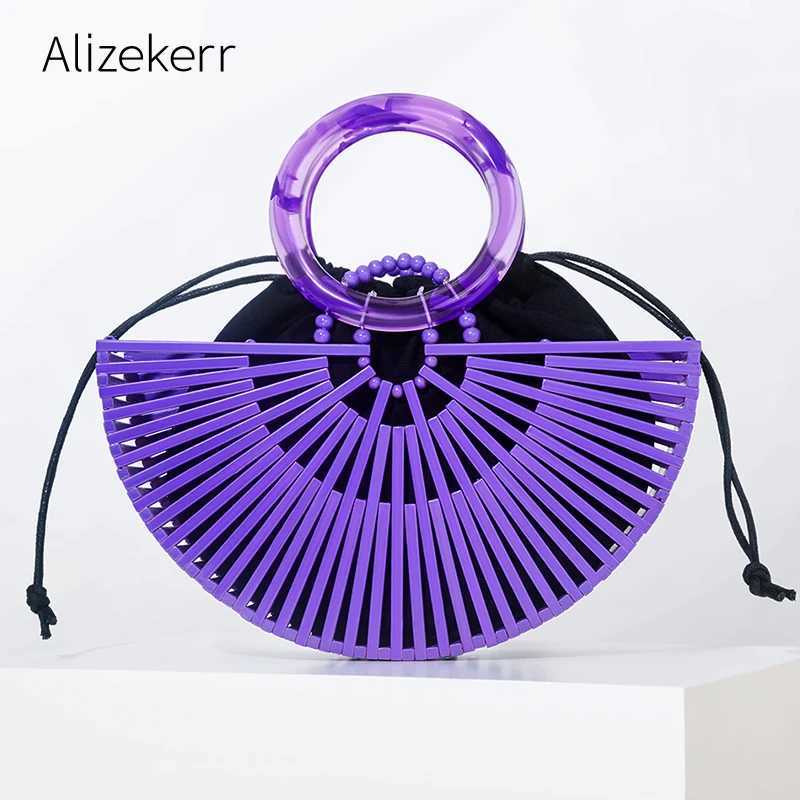 Vintage Half Round Bamboo Beach Handbags Women 2023 Summer Hollow Out Round Acrylic Handle Woven Straw Bags High Quality Holiday W250527