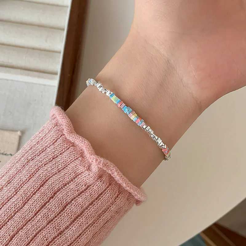 925 Sterling Silver Bracelet Colorful Beads Squares Asymmetric Geometric For Woman Girl Fashion Jewelry Gift Dropship Wholesale W250526
