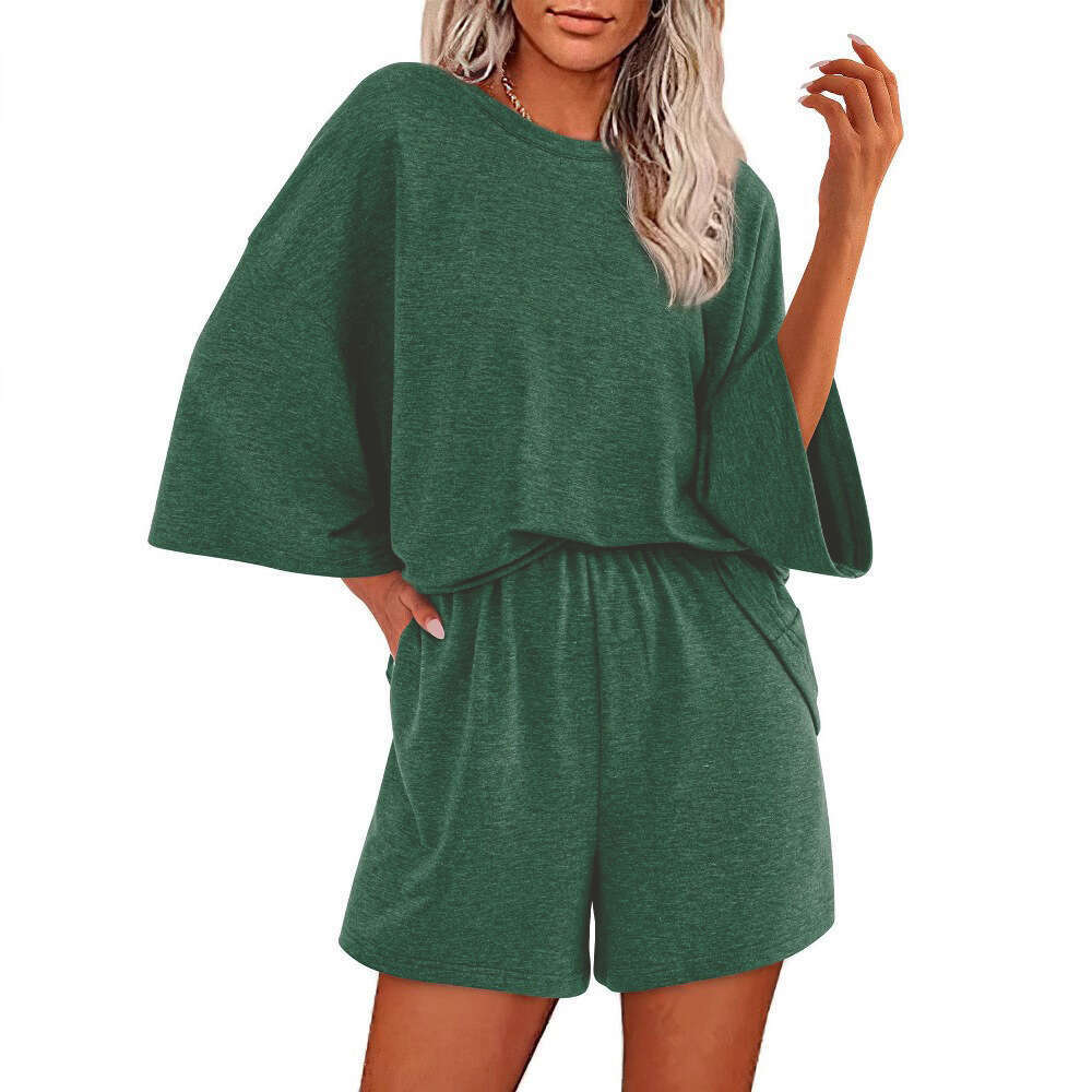2025 Casual Women's Summer Solid Color Round Neck Short Sleeve Top Elastic Shorts Two-Piece Set for Women