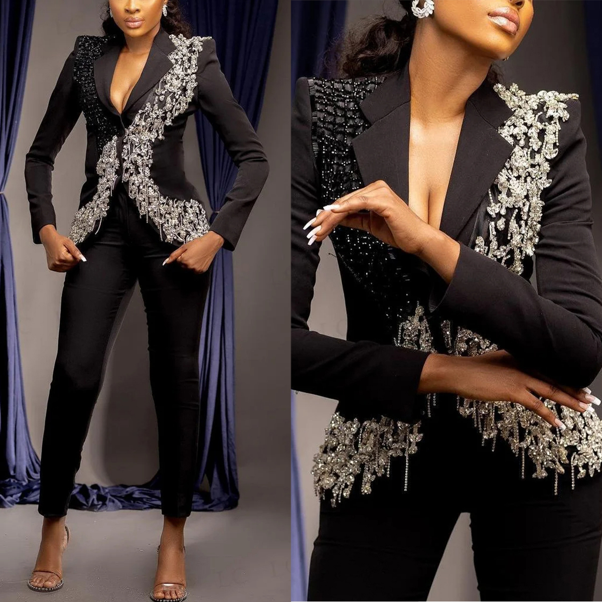 Crystal Tassel Beaded Women Pants Suits 2 Pieces Black Formal Wedding Guest Suits Birthday Party Celebration Ladies Mother of The Bride Outfits