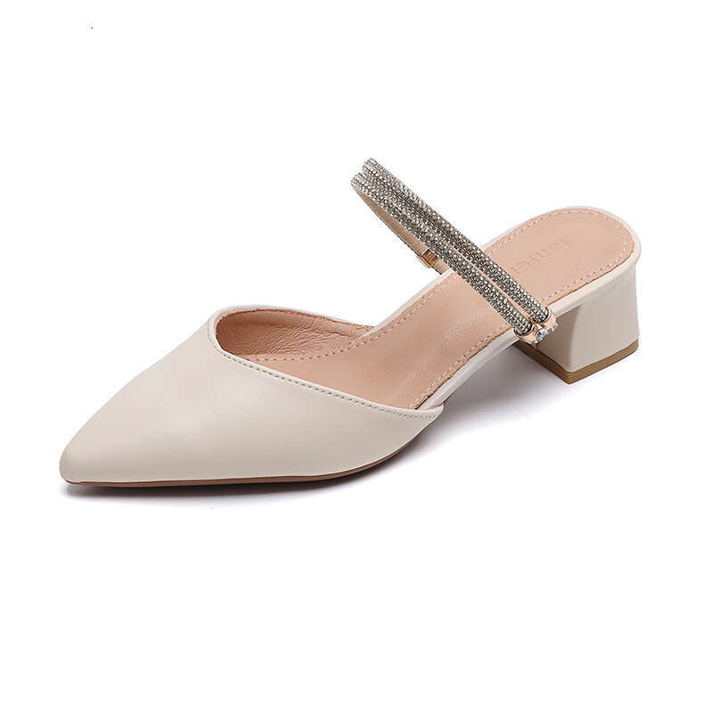 2025 New Spring Summer Closed-Toe Sandals Women, Mid-Heel Chunky Heel Fairy Style Fashion Rhinestone Two-Way Wear Slippers for Women