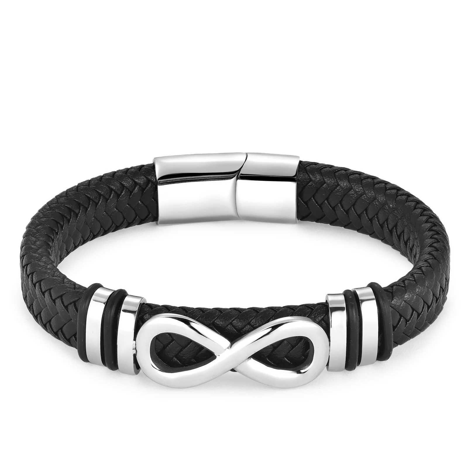Classic Stainless Steel Leather Bracelet For Men Chain Wristband Business Charm Jewelry Accessories for Dad Boyfriend W250526