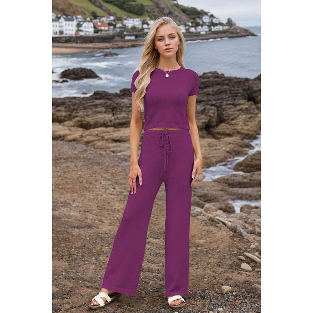 2025 New Spring Summer Temu Women's Casual Fashion Knitted Solid Color Set