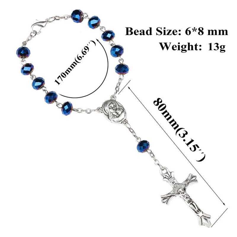 QIGO Blue Crystal Rosary Bracelet Cross Women Catholic Jewelry Gifts W250526