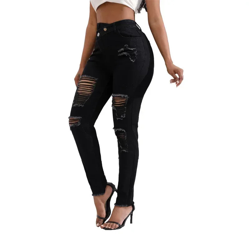 Women Jeans Denim pant High Waist Pencil Pants Holes Slim Fit Pockets Sexy Streetwear Solid Sheath Distressed Ankle Length 2025 250516Z