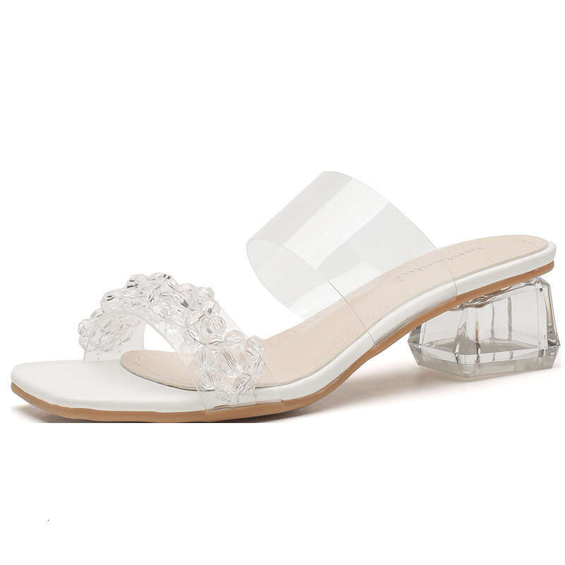 Transparent Sandals High Heels 2025 Summer New Mid-Heel Fashion Crystal Chunky Heel Outdoor Rhinestone Slippers for Women
