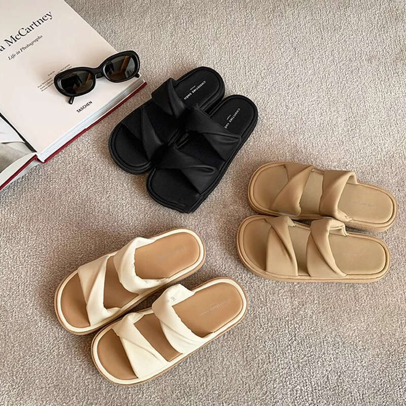 Su Yinyin Same Style Soft Bubble ~ Stepping on Feces Feeling Twist Knot One-Word Casual Thick-Soled Slippers for Women Summer Outdoor Wear