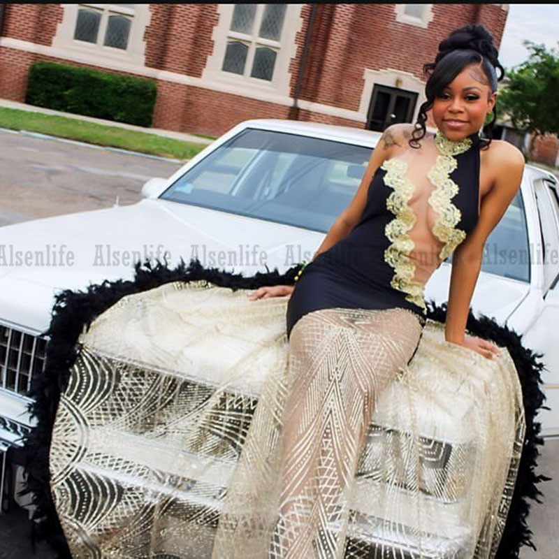 Black Prom Dresses Sparkly For Black Girl 2025 Luxury Crystal Mermaid Party Gowns Backless Feathers Evening Dress Customized