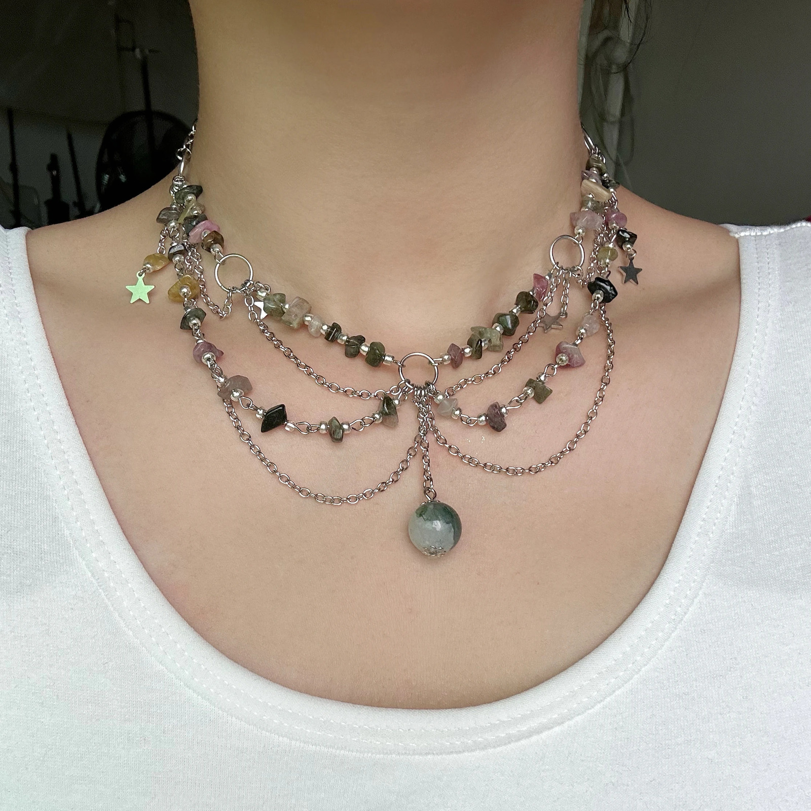 Lacteo Y2K Natural Stone Beads Pendant Necklace for Women Round Ball Tassel Choker Jewelry Collar Neck Chain Girls Party 250522