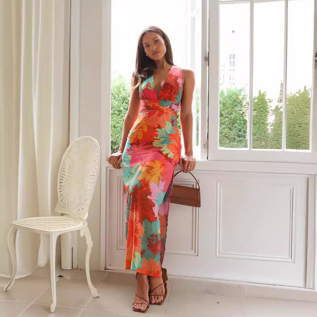 New women's casual V-neck printed lace up mid length dress