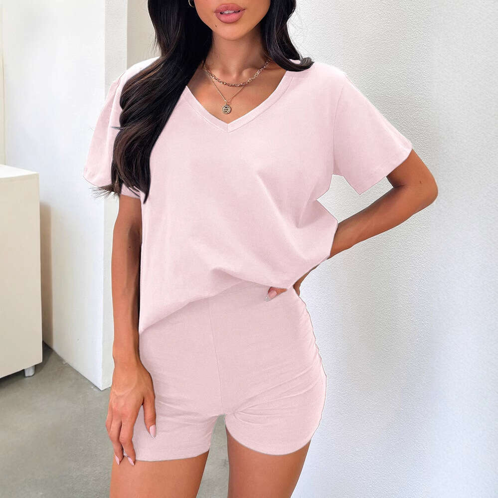2025 Summer Solid Color Short Sleeve Set Women's Fashion V-neck Casual Style Hot Sale Simple Design