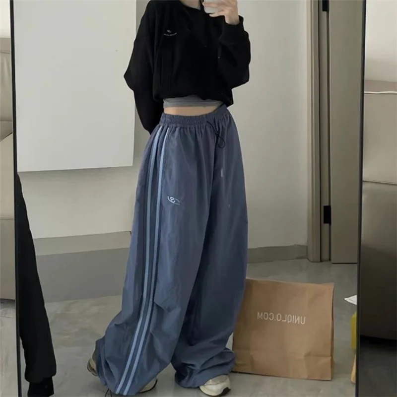 Retro SweatPant Oversized Baggy Pants Fashion Women Striped Elastic Waist Pocket Wide Leg Pant Streetwear Vintage Y2K Trousers 250526