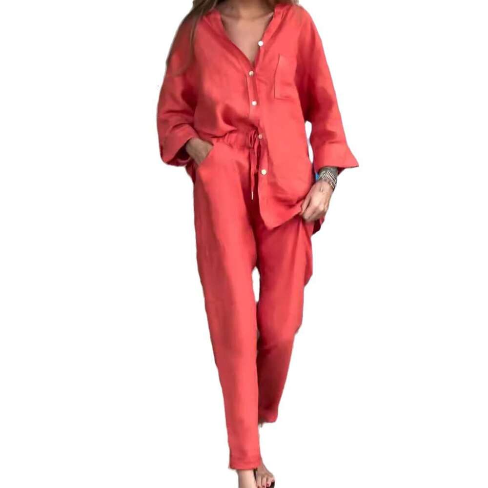 2025 Summer New Women's 2-Piece Set Plus Size Cotton Linen Shirt Suit High Waist Loose Long Pants