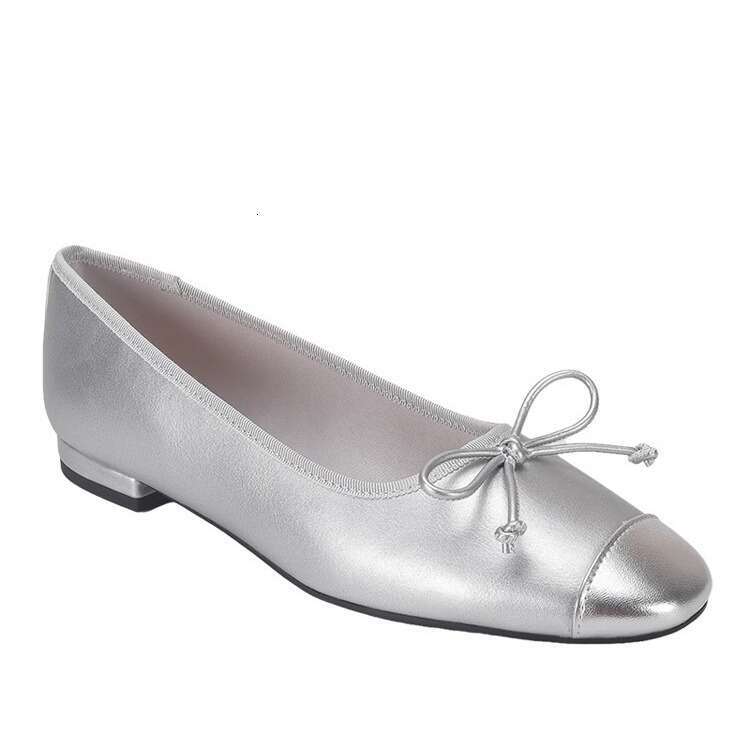 Sheepskin Version ~ Silver Ballet for Women, Flat Genuine Leather Round Toe Shallow Mouth Single Shoes with Bowknot Slip-On Loafers