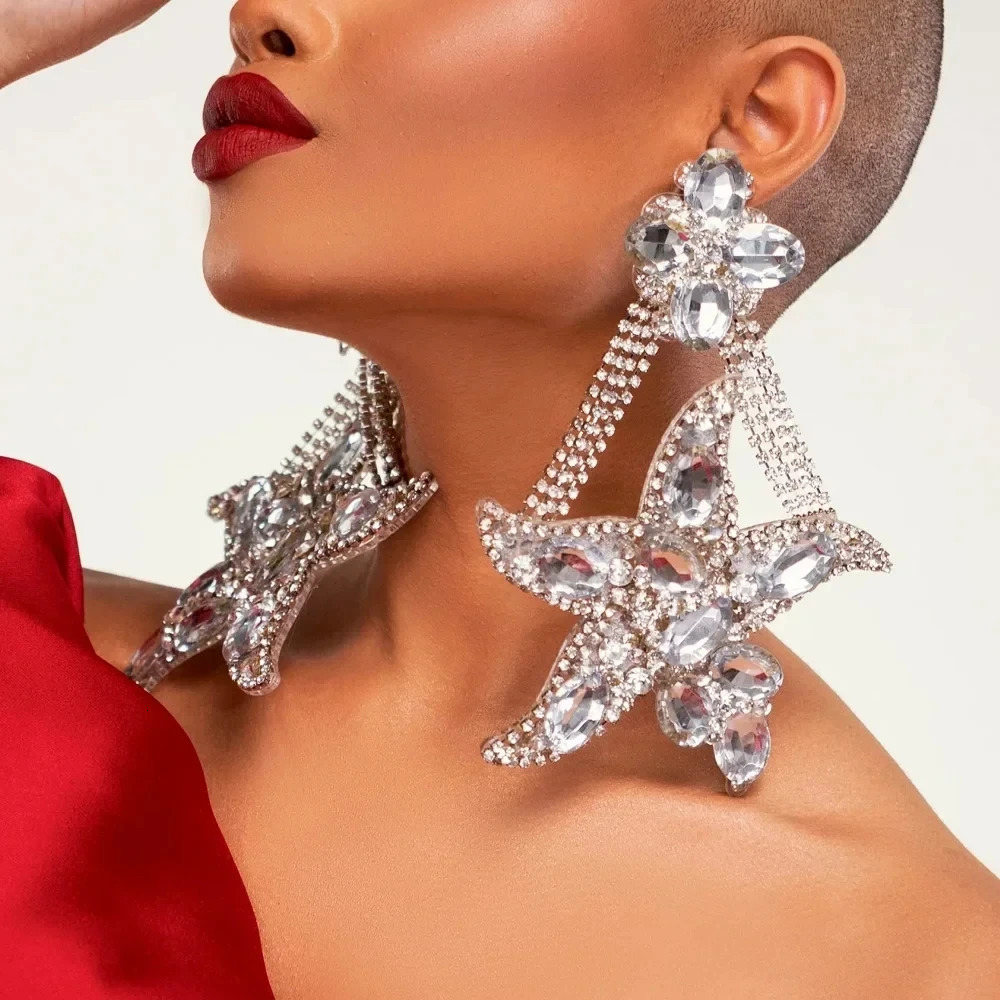 Rhinestone Exaggerated Starfish Earrings Oversize for Women Geometric Crystal Dangle Earrings Party Jewelry 250519