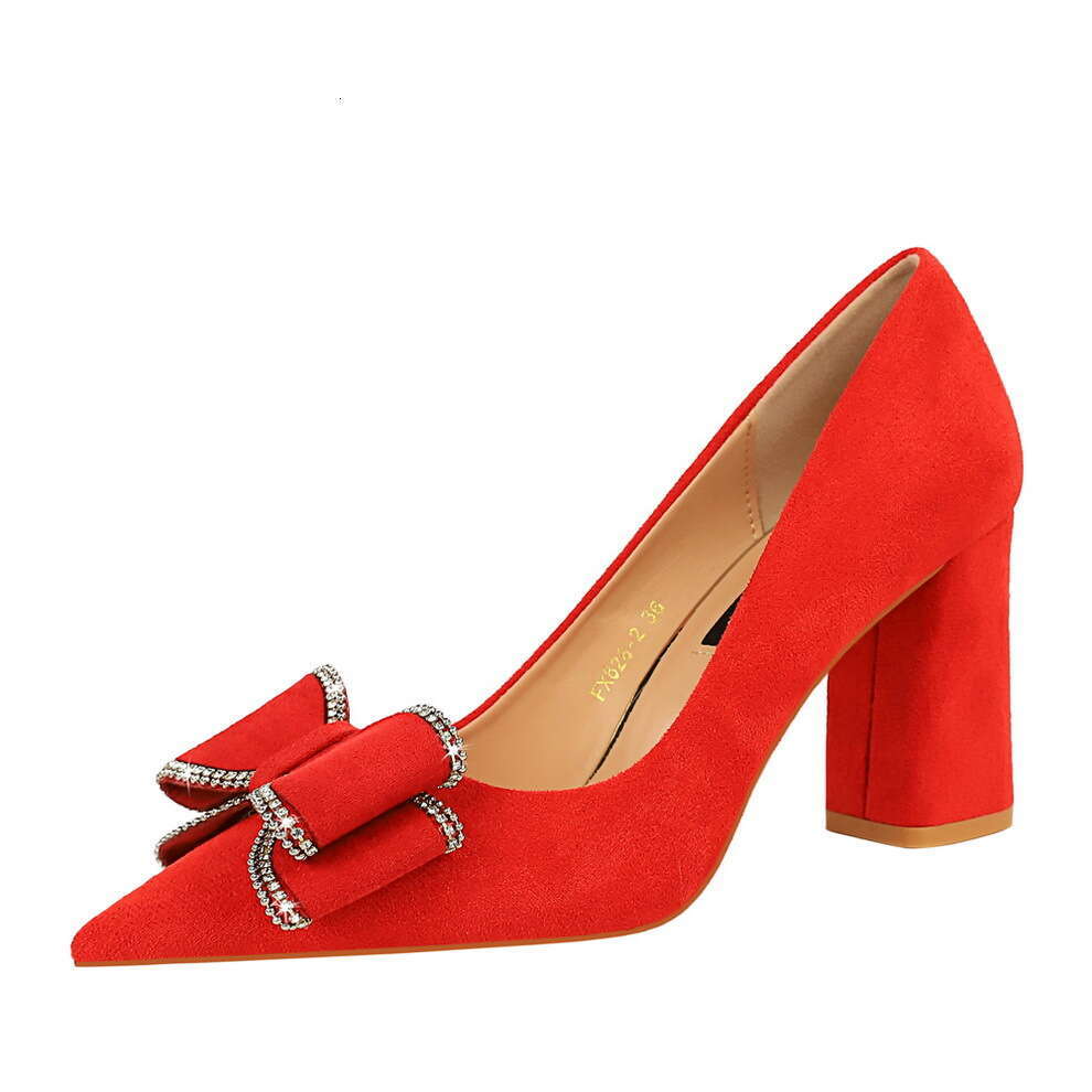 Fashion Spring and Autumn New High Heels Thick Heel Suede Shallow Mouth Pointed Bow Women's Shoes Women's Shoes, Bow High Heels
