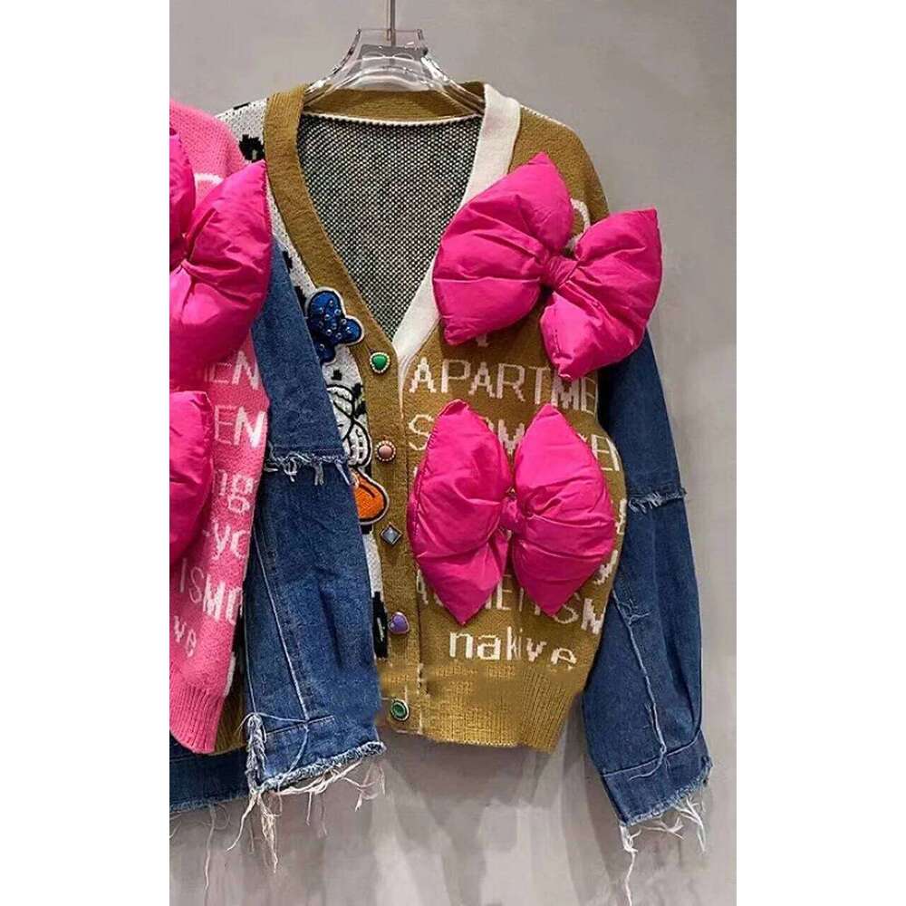 Unique Design Denim Splicing Knitted Cardigan Women's Autumn Winter Loose Contrasting Color Leopard Print V-Neck Sweater Jacket