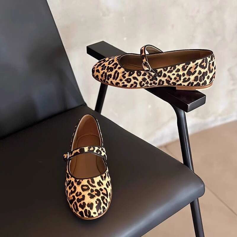 Sheepskin Version ~ Korean Style Niche Leopard Print Genuine Leather One-Strap Flat for Women Ballet Mary Jane Shoes