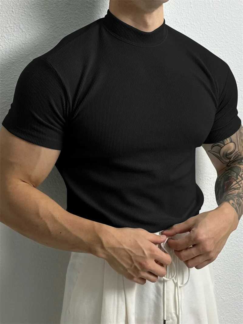 Spring Summer Fashion Mens T-shirt Small High Collar Stripe Shirt Short Sleeve Fitness Top Leisure Sport T-shirt Men Sportswear Z250527