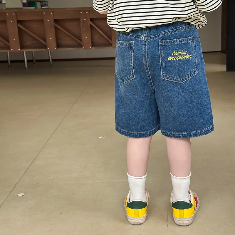 Summer Boys and Girls Casual Korean Embroidered Back Letter Fashion Denim Shorts Children Clothing 250527