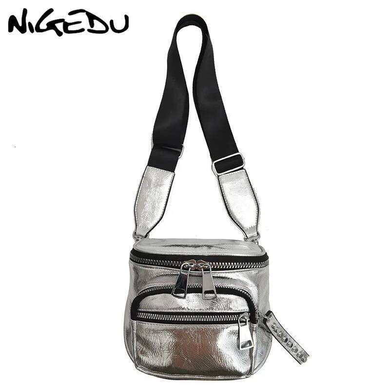 NIGEDU Glossy Wide strap Women shoulder bag designer rivet crossbody bags for female Handbags sier bolsas feminina black