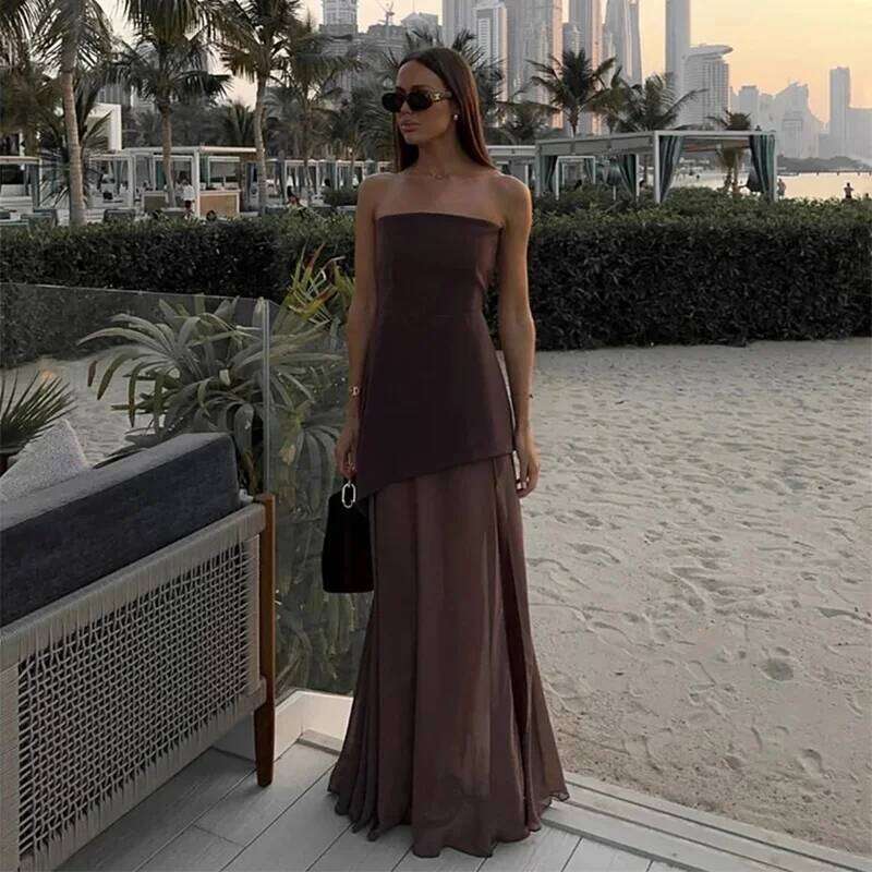 Elegant Tube Dress Women Sexy Patchwork Mesh Sleeveless Scarf Off Shoulder Long Female Party Dresses 2025 Summer Split Lady Robe