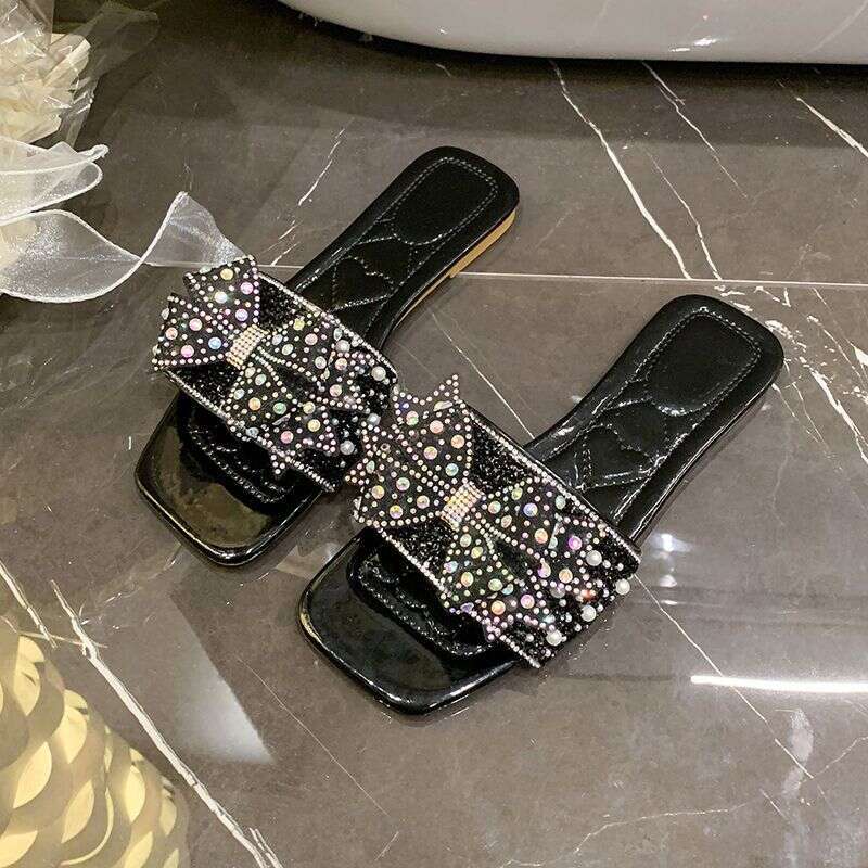 Crystal Bow Slippers For Women's Summer New Flat And Comfortable Sandals Wearing Rhinestone Sandals For Outerwear High-quality Designer Sandals F