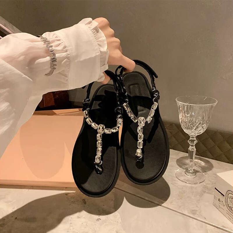 Grape Mom Sparkling Rhinestones ~ Roman Style Flat Knot Versatile Toe Clip Outdoor Flip-Flop Sandals for Women Summer Edition