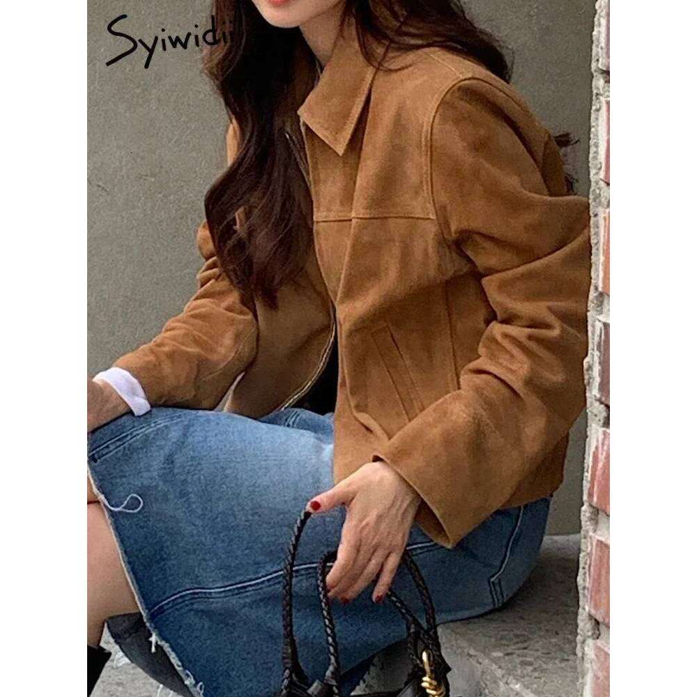 Syiwidii Jackets For Women Turn-Down Collar Casual Spliced Coat Autumn 2024 New Fashion Long Sleece Zipper Female Loose Jacket