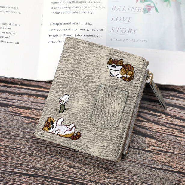 Free Shipping Designer Wallet Jeans Style Cat Embroidered Business Card Holder Canvas Pattern Large Capacity Buckle Phone Bag Coin Strap
