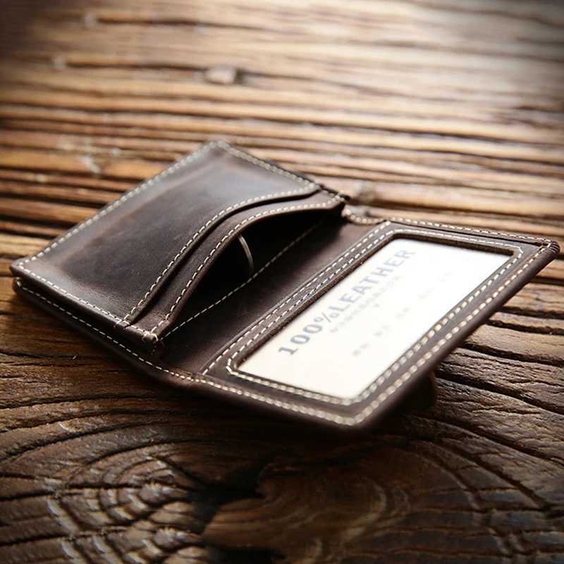 100% Genuine Leather Holder For Men Male Vintage Crazy Horse Handmade Short Business ID Case Small Slim Wallet Purse Z250527