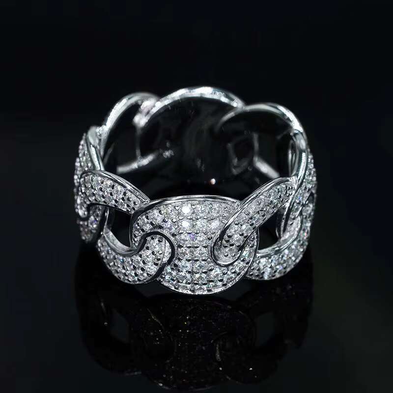 Fashion Hip Hop Moissanite Cuban Chain Ring Full of Inlaid Moissanite Electroplating Real Gold tide Mens Ring